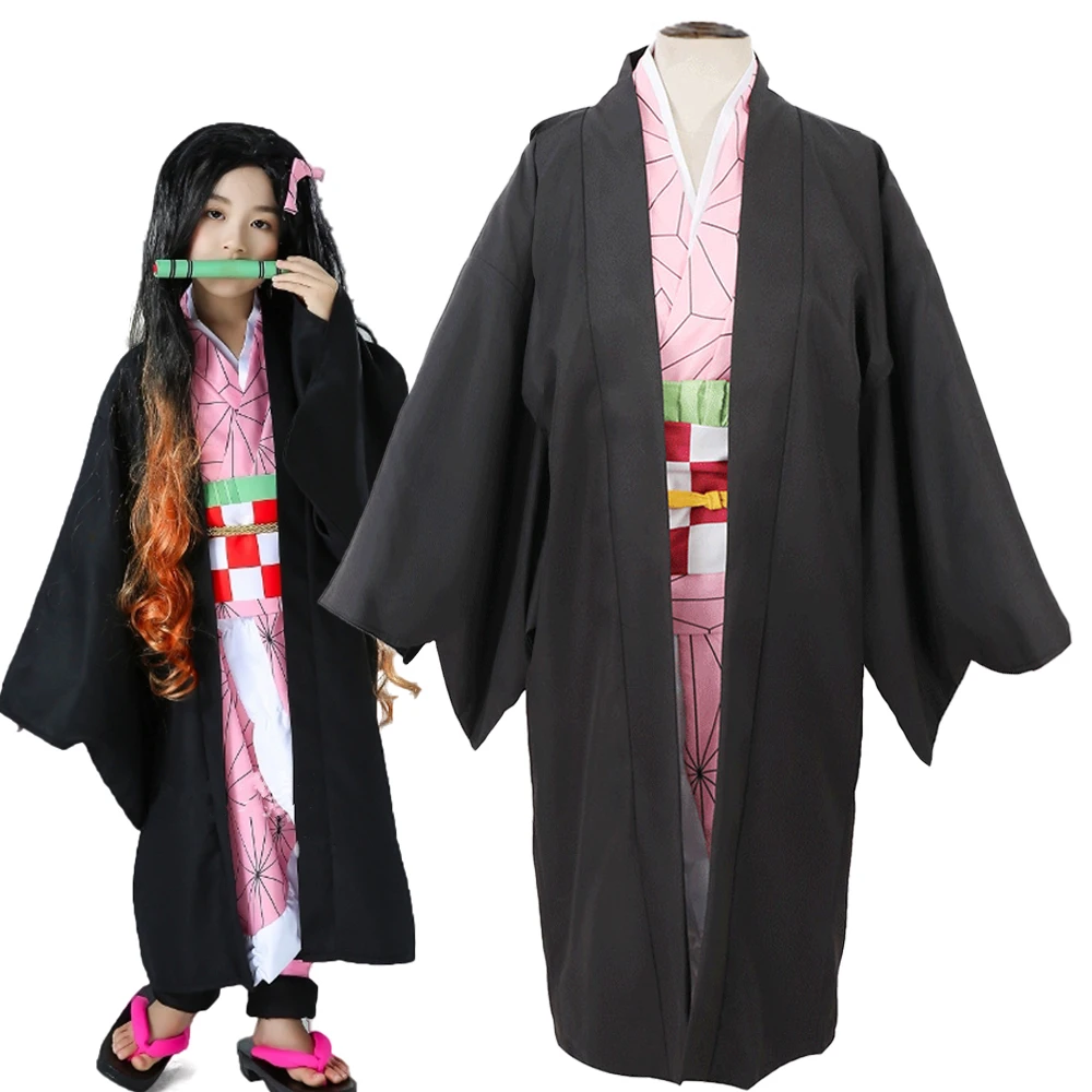 

Kids Demon Slayer Kimetsu no Yaiba Kamado Nezuko Full Set Cosplay Costume Baby Girls Pink Kimono Children Halloween Costumes