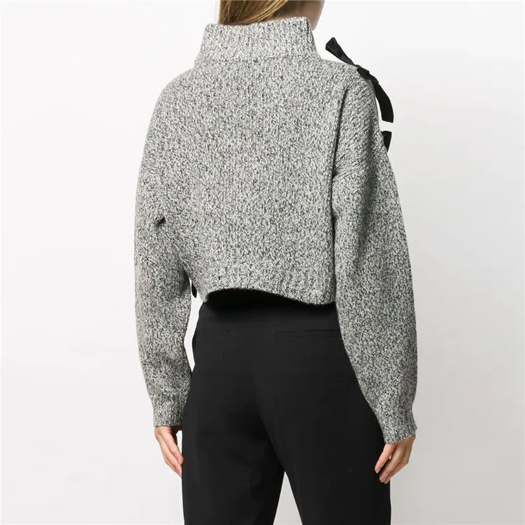 DEAT new autumn and winter fashion women clothes turtleneck lantern sleeves bow embroidery pullover short knits top WJ88202