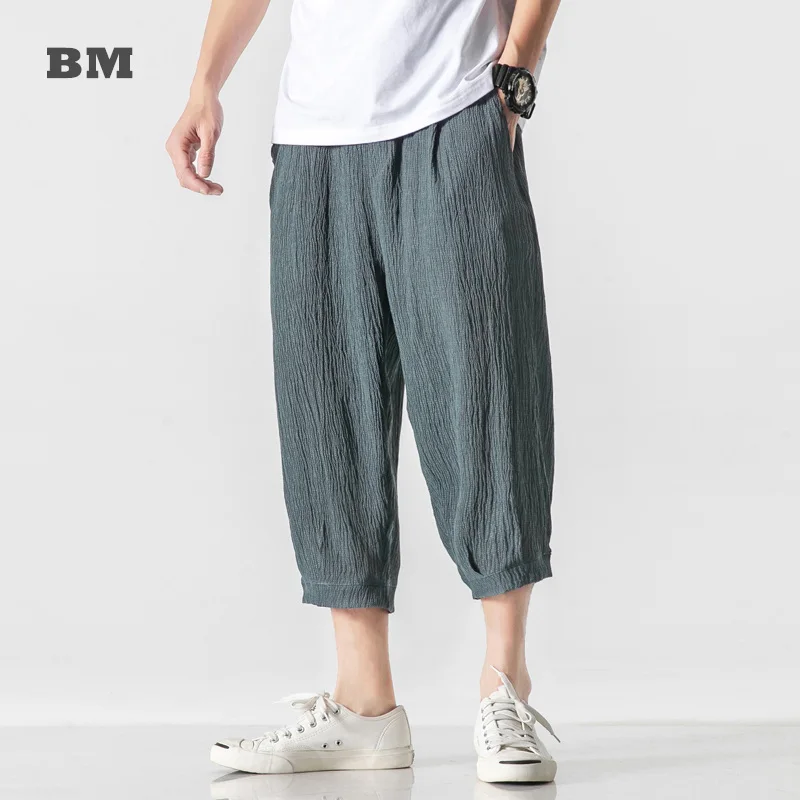 

2021 Summer Thin Ice Silk Plus Size Cropped Trousers Men Clothing Japanese Streetwear Harajuku Fashion Casual Harem Pants Male