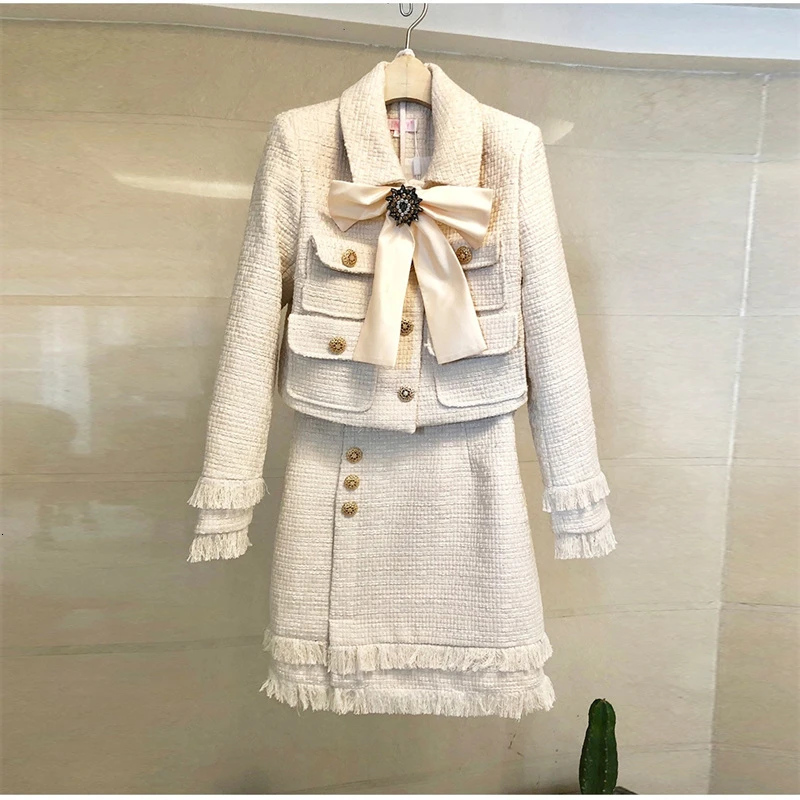 

New 2021 Autumn High Quality Tweed 2 Piece Set Women Winter Bow Jacket Coat + Elegant Mini Tassel Pencil Wool Blend Skirt Suits