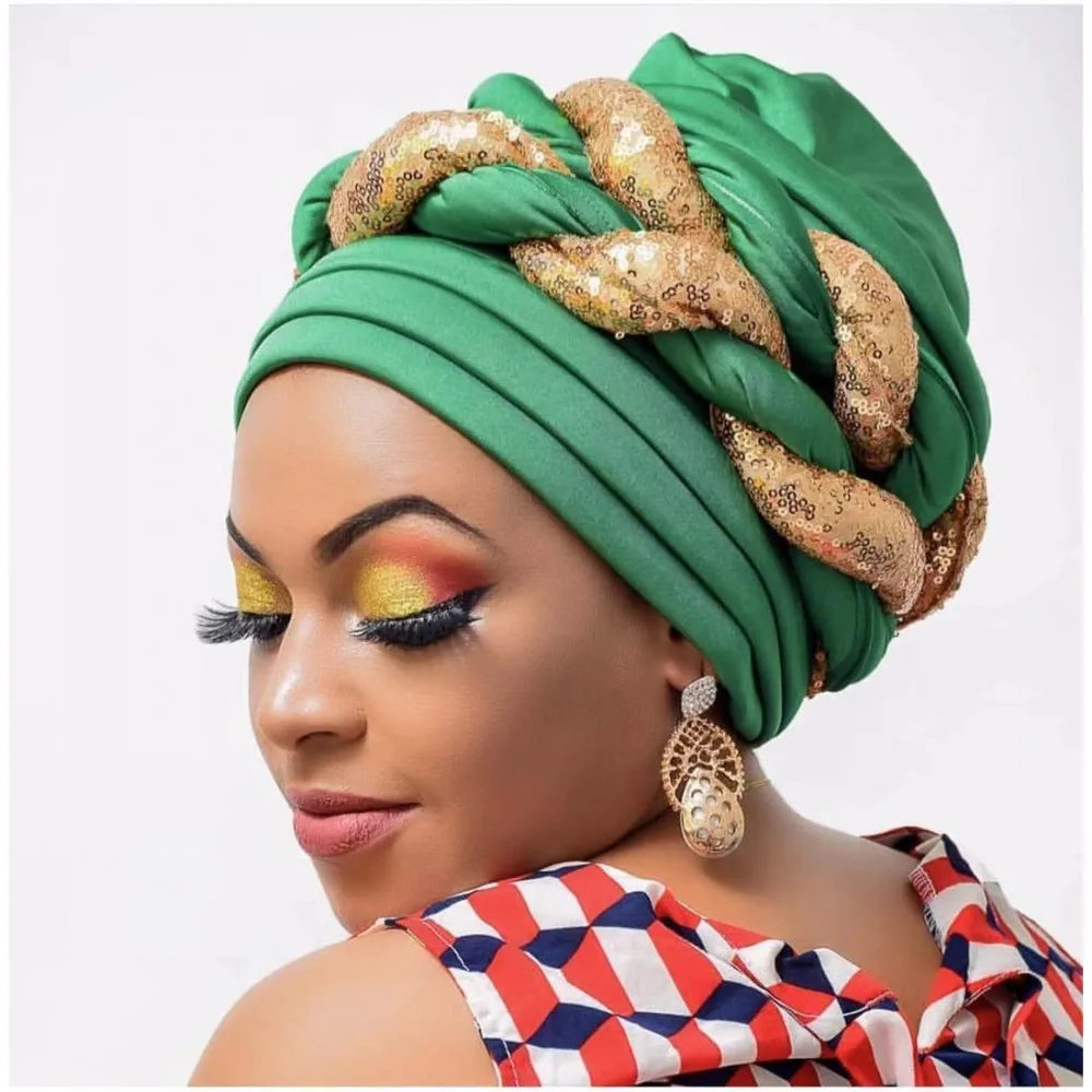

Lady Headscarf Muslim Hat African Hat Sequins Thick Braids Bandhead Hat 2021 New Spring And Winter African Headscarf Ethni Hat