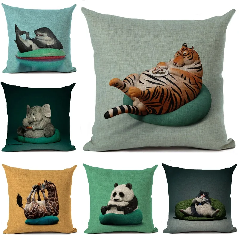 

Funny Lazy Animal Cushion Cover Cute Panda Elephant Printed Linen Throw Pillows Home Decoration Living Room Sofa Pillowcase