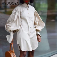 street style casual loose solid color shirt dress women plus size sexy long puff sleeve mini dresses button split club vestidos