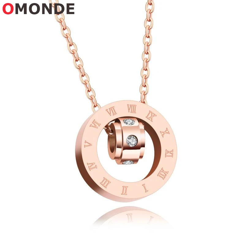 

Korean Designer Circle Pendant Necklaces Zircon Stone Charms Rose Gold Stainless Steel Roman Numerals Engraved Choker Jewelry