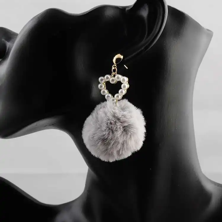 Rabbit Fur Ball PomPom heart Earrings for Women Unique Soft Pom tiny stimulate pearl Earring Jewelry Cute Christmas Gift | Украшения и