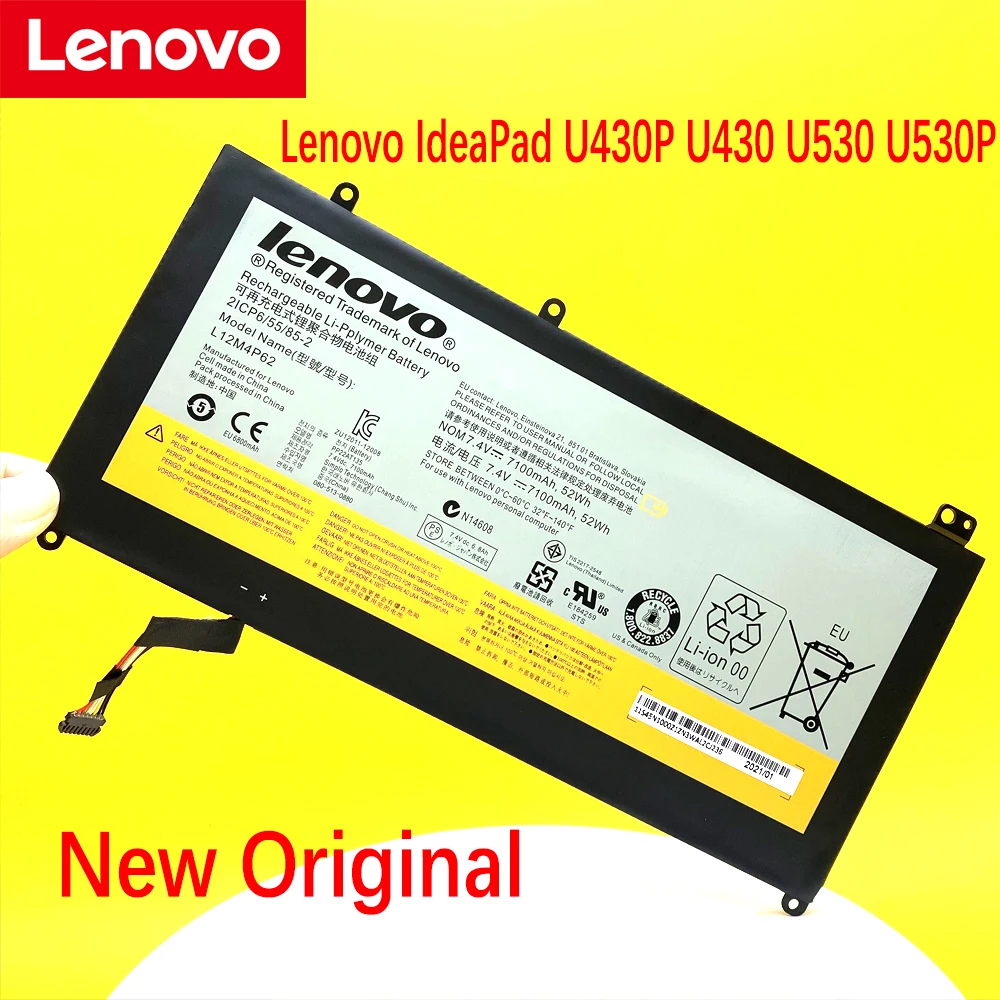 

Новый оригинальный Lenovo IdeaPad U430 U430p U530 L12L4P62 7,4 в 52 Втч Оригинальный аккумулятор для ноутбука L12M4P62 7100 мАч