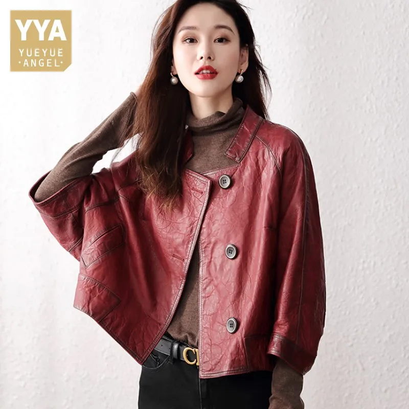 

Куртка женская короткая из натуральной кожи, однобортная модная верхняя одежда с воротником-стойкой и рукавом летучая мышь, пальто из овчины в винтажном стиле