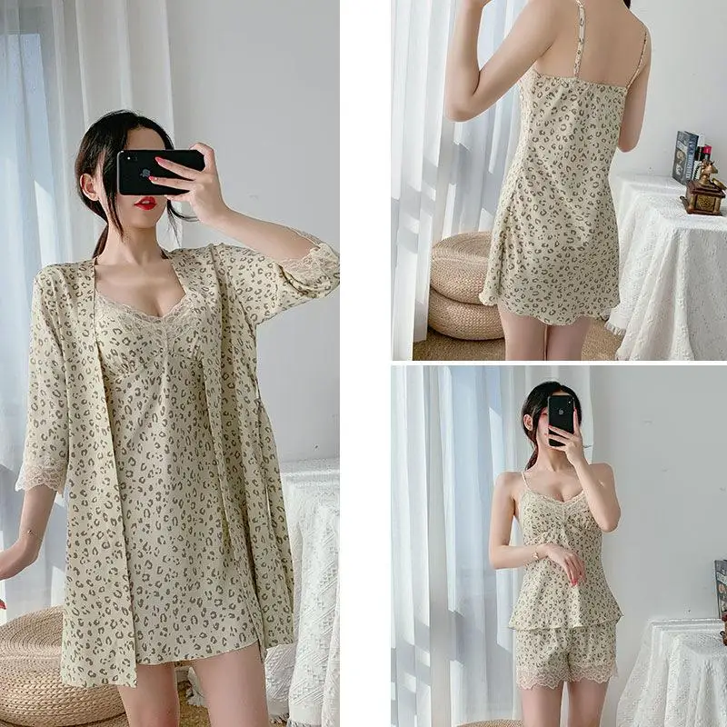 

4PCS Leopard Women Rayon Robe Set With Bra Lace Floral Trim Spring New Pajamas Suit Sleepwear Nightwear Nightgown Loose Homewear