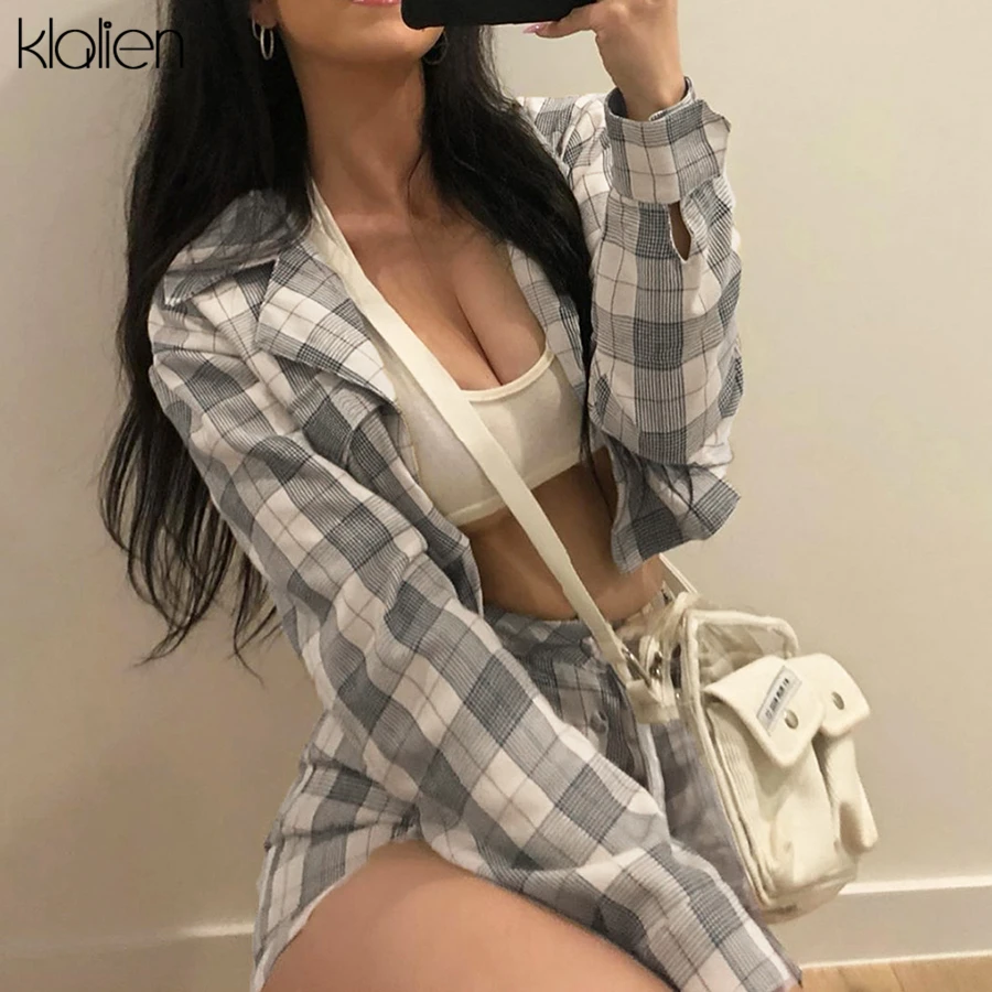 Klanien ретро стиль плед длинный рукав отложной воротник топ пальто для женщин + мини