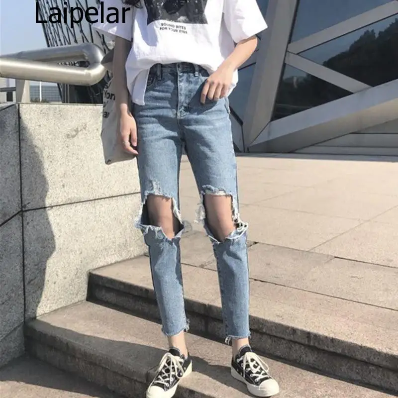 Jeans Denim Women Holes Zipper Pockets Straight Retro Casual Womens Slim High Waist All-match Vintage Chic Korean Style Daily | Женская