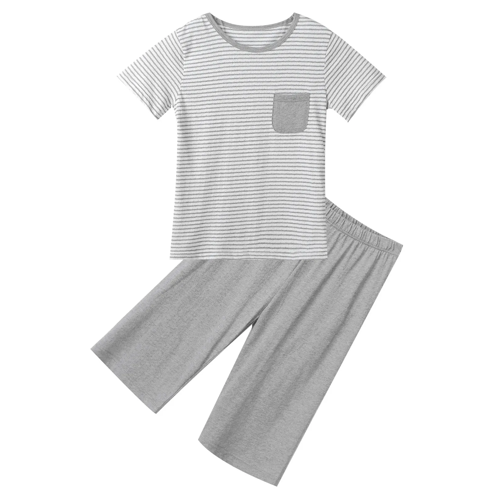 

Oyolan Big Boys Girls Pajamas Set Summer Leisure Outfits Soft Cotton Striped Tops with Shorts Pants Children Clothes Kids 3-12 Y