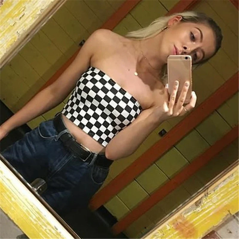 Женский сексуальный Топ без бретелек в клетку облегающее белье укороченный топ