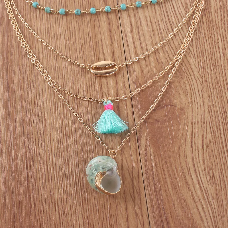 Модное богемное многослойное зеленое ожерелье с подвеской в виде ракушки для