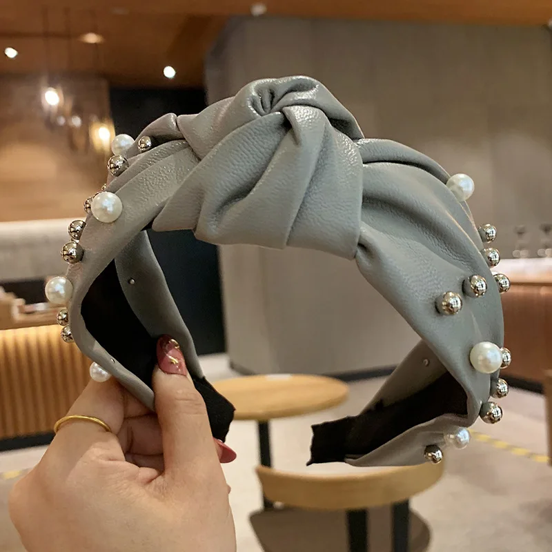 Ободок из искусственной кожи с узлом для девушек Женский ободок жемчугом