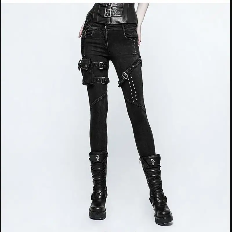 

Casual Black Skinny Jeans Slim Fit Zipper and Rivet Female Skinny Pants Punk Rock Heavy Metal Women Long pants PUNK RAVE