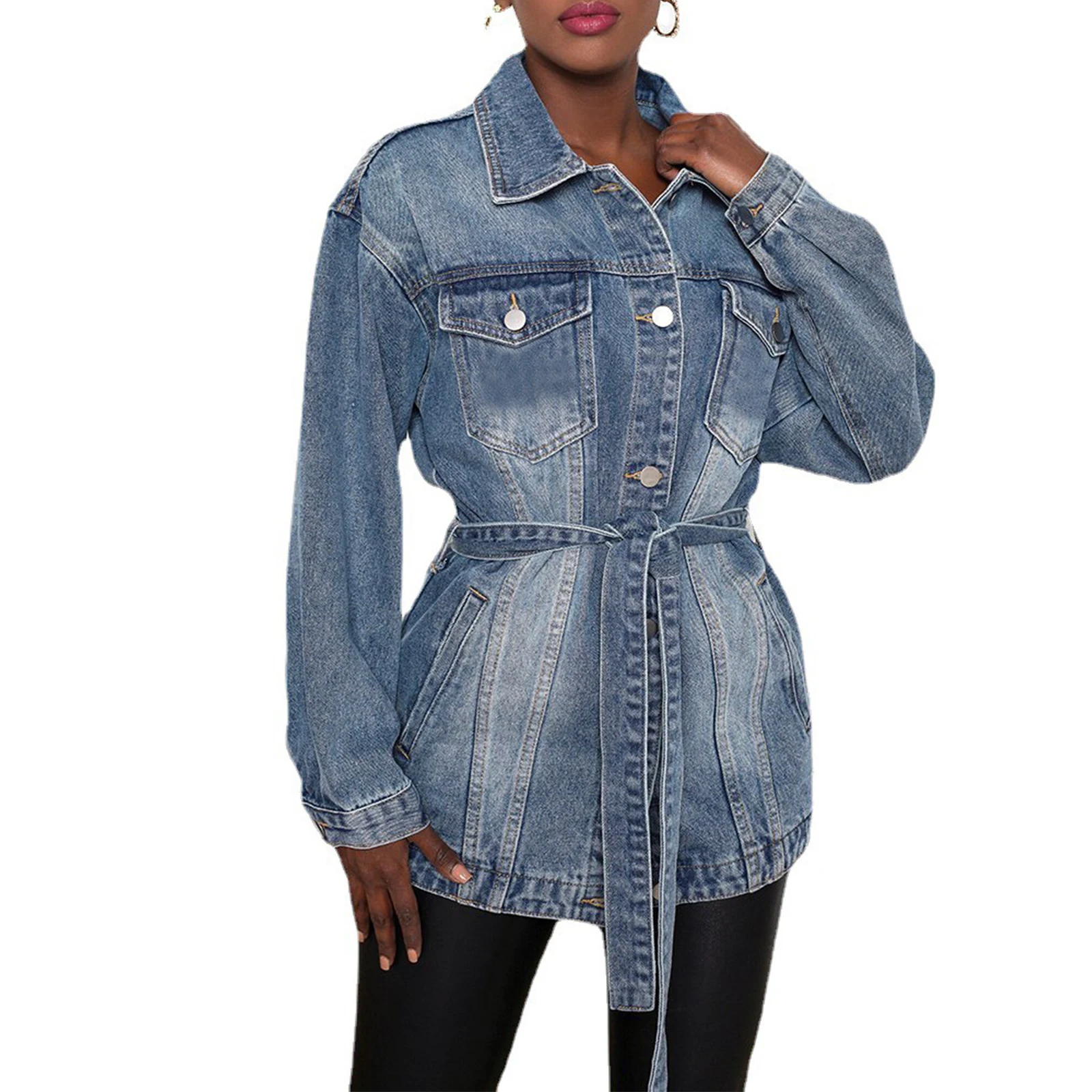 Женская джинсовая куртка с карманами пальто отложным воротником и длинным