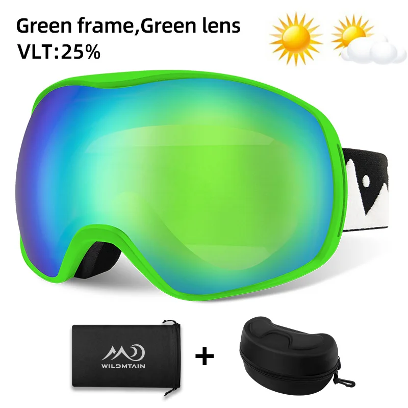 Green with case WILDMTAIN очки горнолыжные, зимние противотуманные очки, двухслойные лыжные очки, УФ-защита, для спорта на открытом воздухе, молодежные мужские и женские лыжные очки - Цвет: Green with case