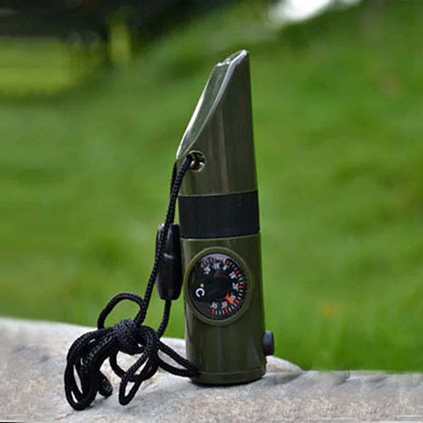

Emergency Whistle, 7-in-1 Tool, Survival LED Flashlight, Mirror with Storage, Compass, Thermometer, Magnifying Glass, Reflector