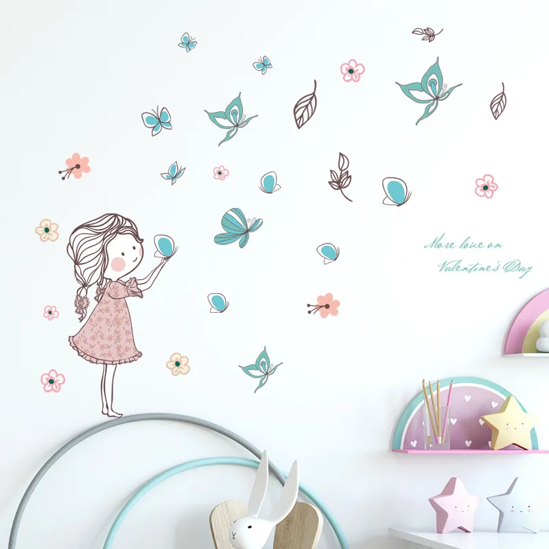 

Flying Butterfly Girl Wall Stickers Bedroom Girls Room Home Decoration Art Mural Cartoon Stickers Children's Room Wallpaper