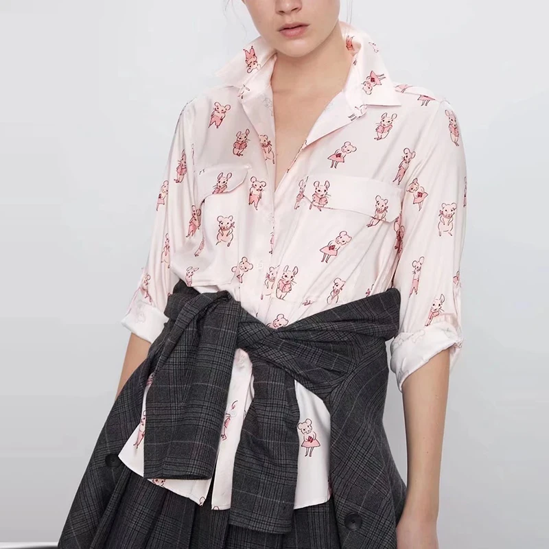 

2022 New Spring Summer Women Blouse Single Breasted Turn Down Collar Casual Printed Tops Long Sleeve Female Loose Shirts