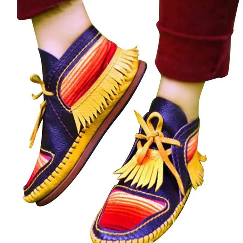 

2020 Women Tassel Stripe Ankle Boots Women's Sewing Warm Flats Female Shoe Ladies Casual Hook Loops Footwear Plus Size 43