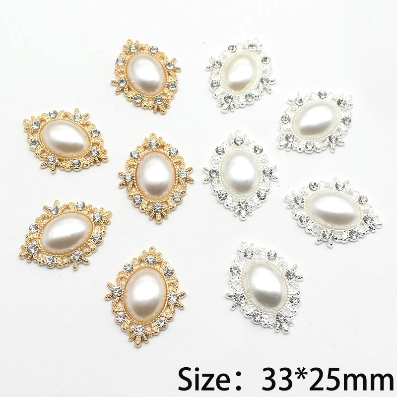10pcs 33*25mm Retro Oval Pearl Alloy Rhinestone Button Jewelry Hairpin Clothing Wedding Decoration Handmade Diy Accessories