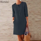 Платье ZANZEA женское с круглым вырезом, элегантная Однотонная рубашка из хлопка и льна с длинным рукавом, повседневный офисный сарафан на пуговицах, осень 2021