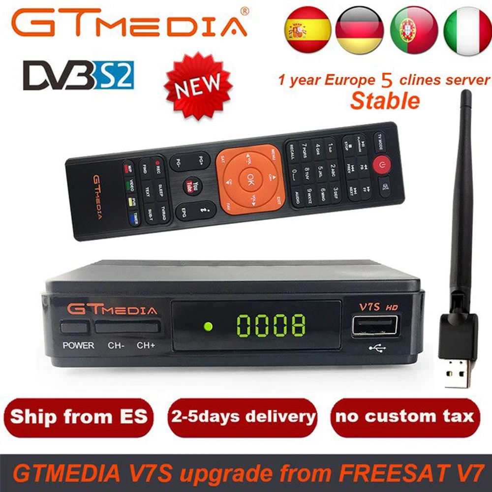 1 год Испания Европа Cline GTMEDIA V7S HD DVB-S2 1080P спутниковый ТВ приемник+ USB wifi Бразилия Испания ТВ тюнер обновление freesat v7 hd