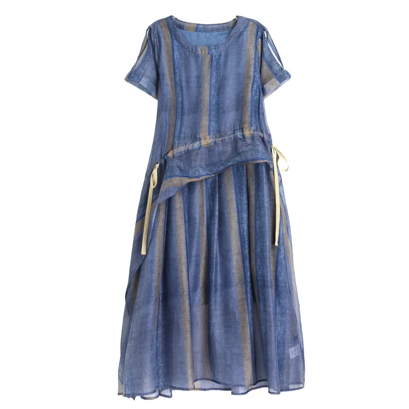 

Spring Summer Woman Dress Elegant Korean Fashion Organza Striped Midi Dress Oversize Clothes Vestidos De Verano L-9222 KJ4212