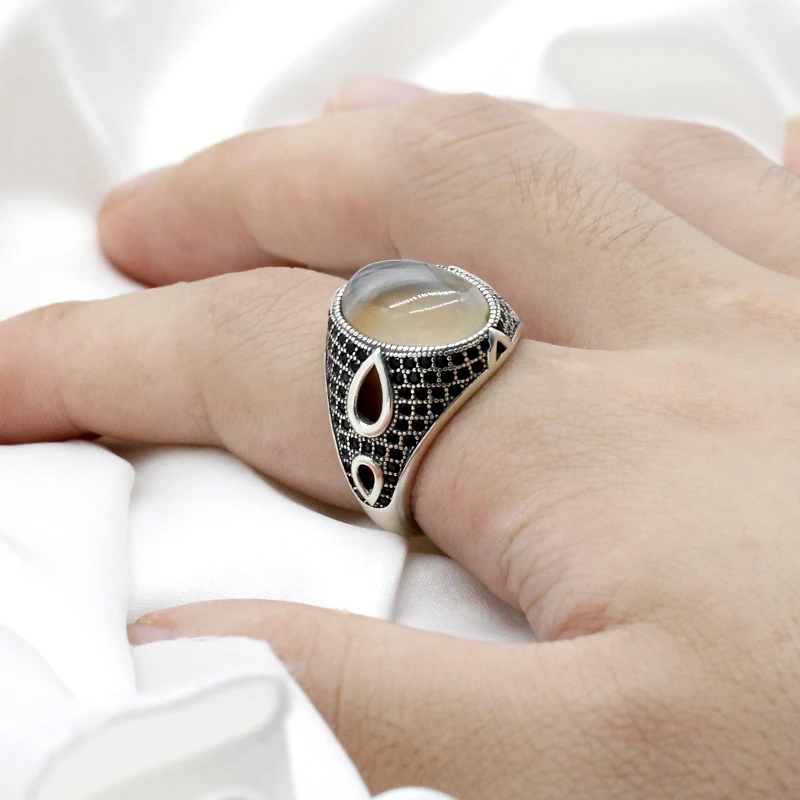 Черный Полированный Галечный пляж мужчины женщины кольцо из натуральной 925