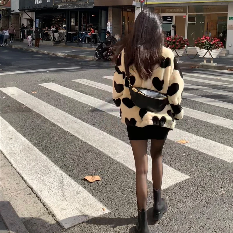 PERHAPS U Women Beige Faux Fur Coat Outwear Button Warm Thick Turn Down Collar Pocket Heart C0534