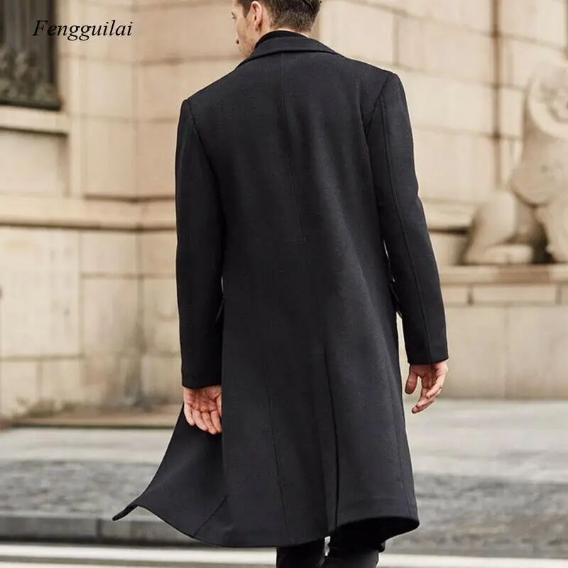 

Autumn Winter Mens Wool Coat Solid Long Sleeve Woolen Jackets Fleece Men Overcoat Streetwear Fashion Long Trench Coat Outerwear