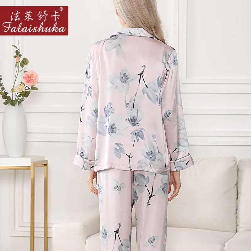 Simple long sleeve 100% genuine silk pajamas sets women sleepwear Korean Elegant pink Flowers pure silk womens pyjamas T8244