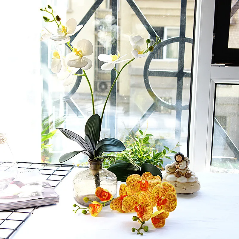 Luxury Latex Orchid with leaves Artificial flower white Butterfly Orchids fake flower for Home Wedding Decoration flores