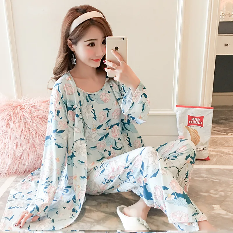 Autumn and Winter Woman Pajamas Set Sling Cotton Pajamas 3 Peices Sleepwear for Women Long Sleeves Breathable Sexy Robe Homewear