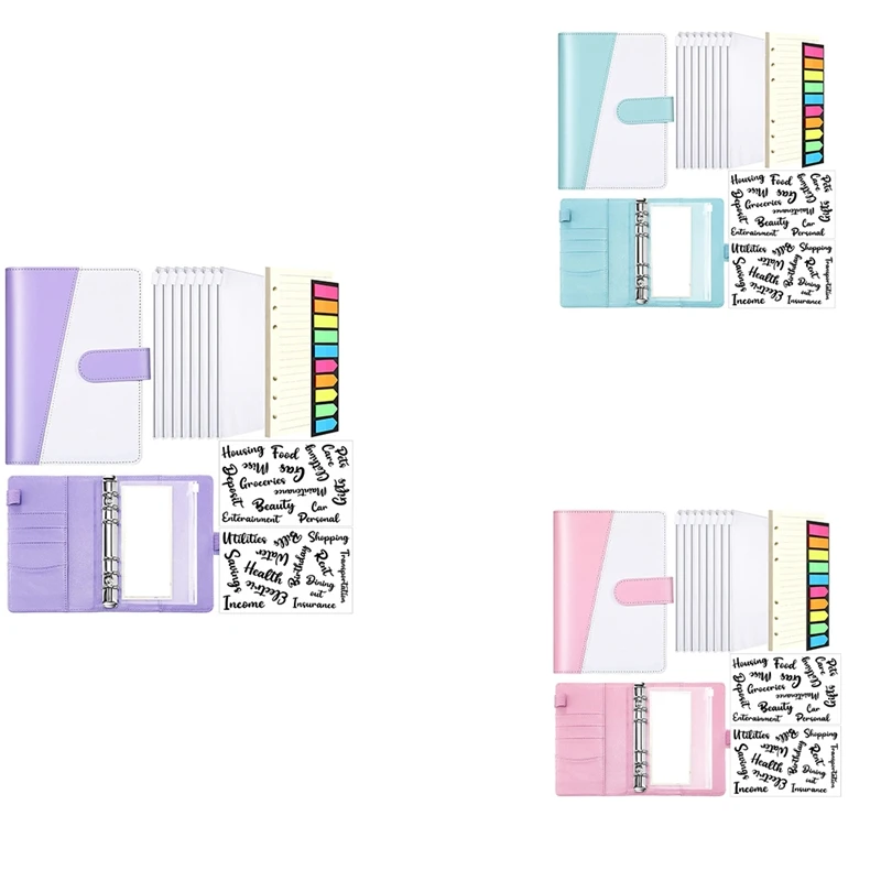 

A6 PU Notebook Binder Budget Planner Organizer Letter Sticker Cash Budget Label Pocket Loose Leaf Paper Neon Page