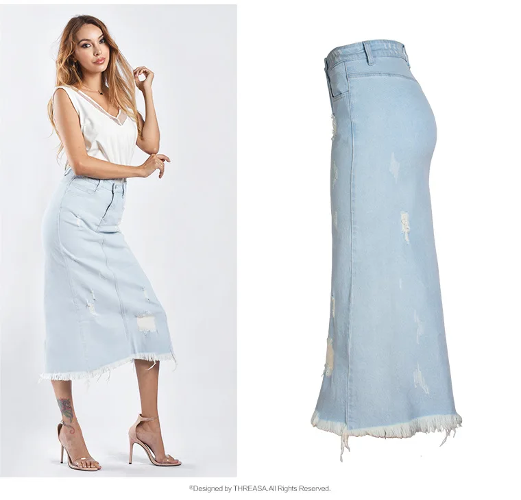Женская рваная джинсовая юбка длинная эластичная с высокой талией модель 3xl на