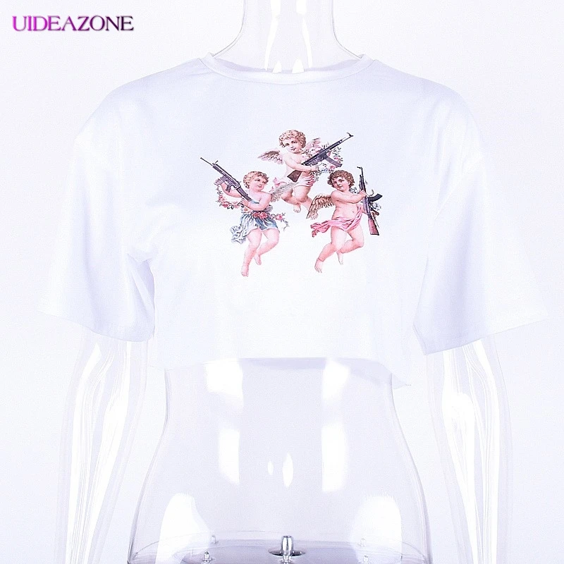 Модные женские укороченные топы с принтом ангела Купидона весенне-летние
