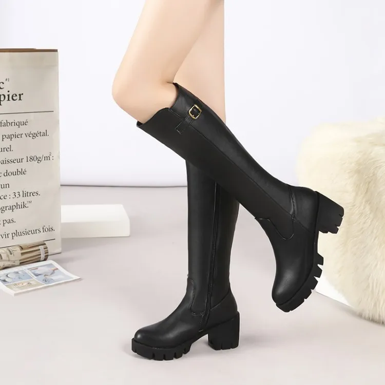 Ботинки рыцарские длинные на толстом каблуке водонепроницаемые платформе с