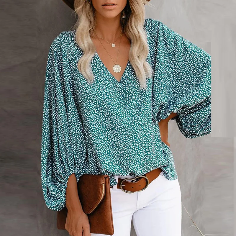 

Summer Women Shirts Vintage Lantern Long Sleeve Blouses Elegant Casual Geometric Flower Printed Tops V-Neck Loose Shirt 2021