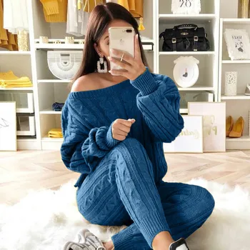 Knitted Sweater and Pants Two Piece Set Women Oversized Crop Tops Women Sweater PantS 2 Piece Sets Womens Outfits tracksuit Set 1