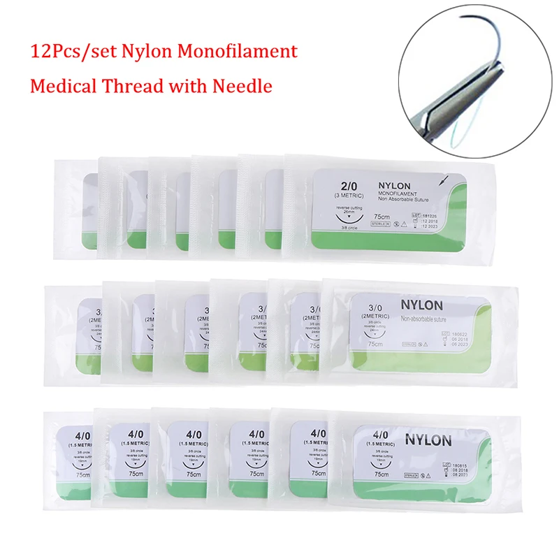 

12 PCS Needle suture nylon monofilament non-injured suture medical thread suture for medical surgical suture practice kit