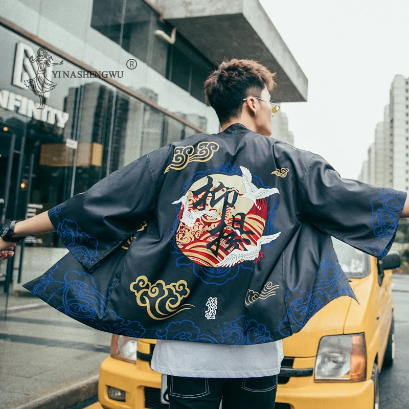 Самурайский кран японское кимоно юката стиль Haori для мужчин и женщин кардиган с