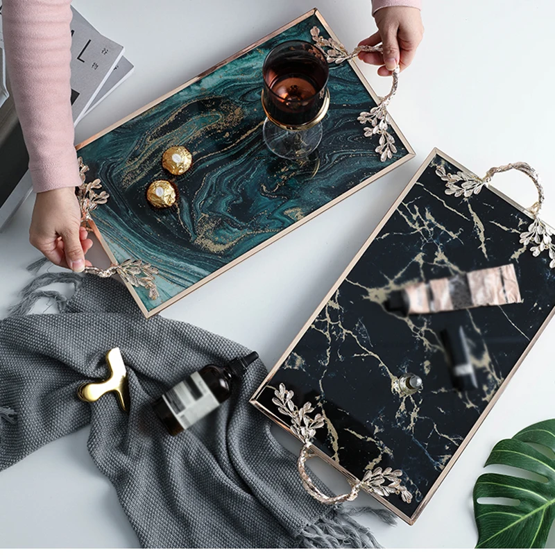 

Стеклянный поднос с ручкой, роскошный скандинавский бокс с мраморной текстурой для хранения фруктов, еды, чая, семейного хранения ювелирных изделий, ожерелий, демонстрационный лоток