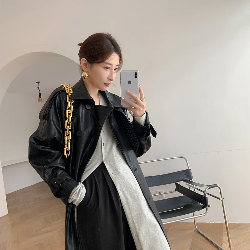 

Women PU Leather Long Jacket Autumn Winter Black Brown Faux Leather Sashes Office Lady Windbreaker Trench Coat Outwear