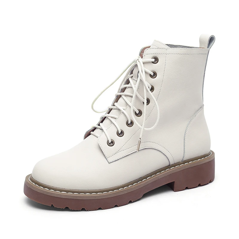 

Leather Ankle Boots Women Autumn Winter Lady Low Square Heels Cross Strap Shoes G221 Woman Lace Up Black Beige Motorcycle Boots