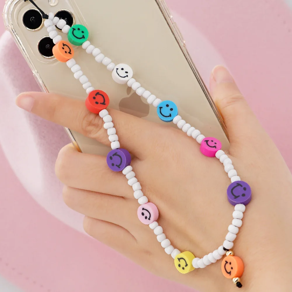 

Fashionable Bohemian Colored Soft Ceramic Smiley Face White Glass Rice Bead Mobile Phone Chain Women's Anti-Lost Lanyard Jewelry