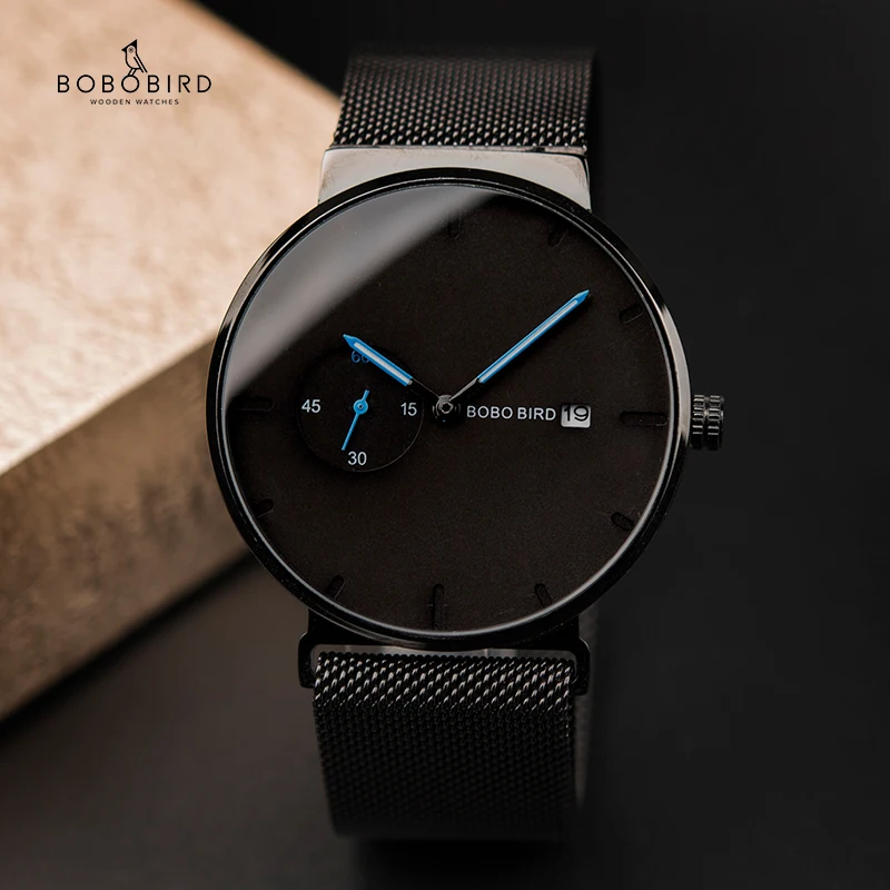 

Роскошные мужские часы BOBO BIRD, минималистичный черный дизайн, сетчатый ремешок из нержавеющей стали, отображение даты