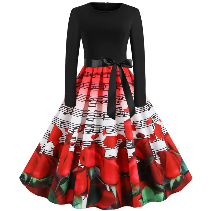 Robe noel femme зимние платья для женщин с длинным рукавом и принтом Винтаж Pinup рокабилли Год Вечерние Платье на День святого Валентина Черный Vestido 3XL