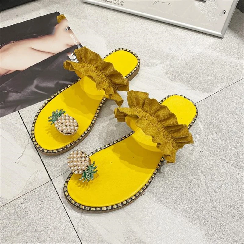 

Women Slipper Pineapple Pearl Flat Toe Bohemian Casual Shoes Beach Sandals Ladies Shoes Platform Sandalias De Mujer Verano 2020